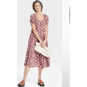 Women's Puff Short Sleeve Tiered A-Line Dress Knox Rose, Cognac Paisley Medium M